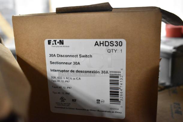 Eaton AHDS30 disconnect switch, 30A, 600V, Type 4X, IP67, new in box with label detailing specifications and features.