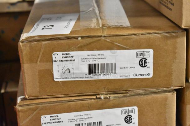 New Dual Lite EVHCEZP LED Emergency Light Box, model 93081992. Suitable for damp locations, boxed, qty 9.