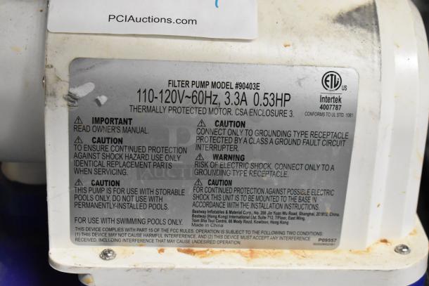 90403E Filter Pump label showing specifications: 110-120V, 60Hz, 3.3A, 0.53HP, thermally protected motor.