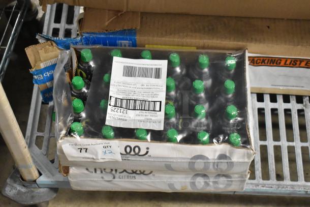 Case of 24 organic lime squeeze bottles, brand new in box. Sealed packaging with a shipping label and two quantity tags.