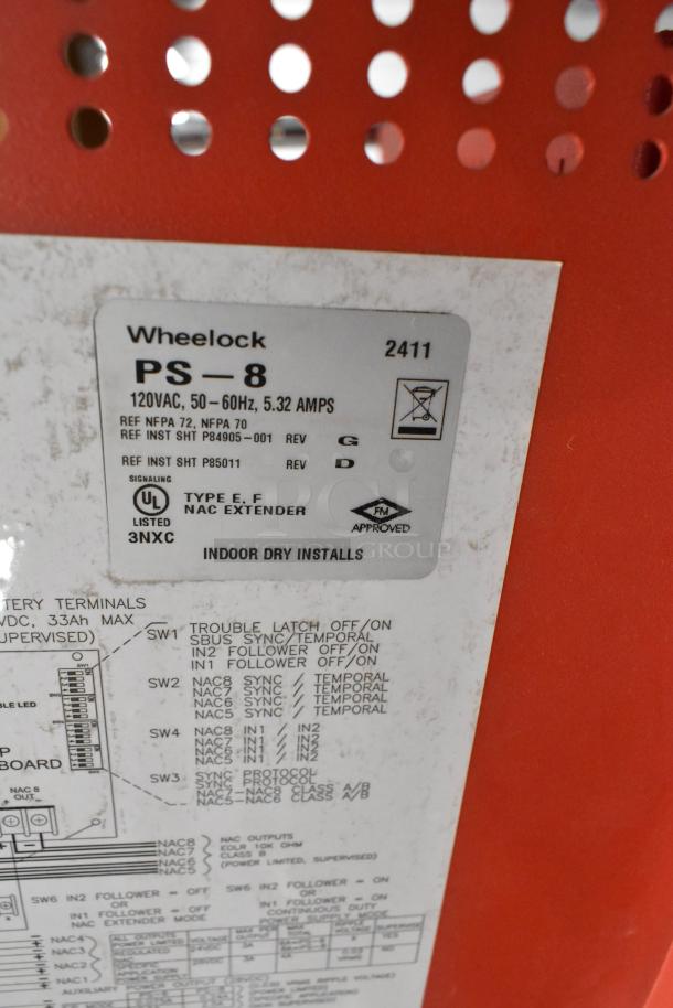 Wheelock PS-8 NAC Extender label, 120VAC, 50-60Hz, 5.32 Amps, UL listed, FM approved, indoor use, wiring details shown.