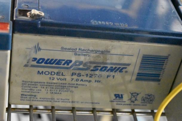 Power Sonic PS-1276 battery, 12V, 7.0Ah, sealed lead-acid, model visible with safety warnings, auction includes 19 units.