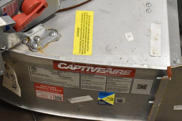 2021 CaptiveAire CASRE13BD metal commercial power ventilator for food trucks. Features brand labels, safety warnings.