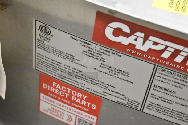 2021 CaptiveAire CASRE13BD commercial power ventilator with safety labels and specifications visible, used for food trucks.