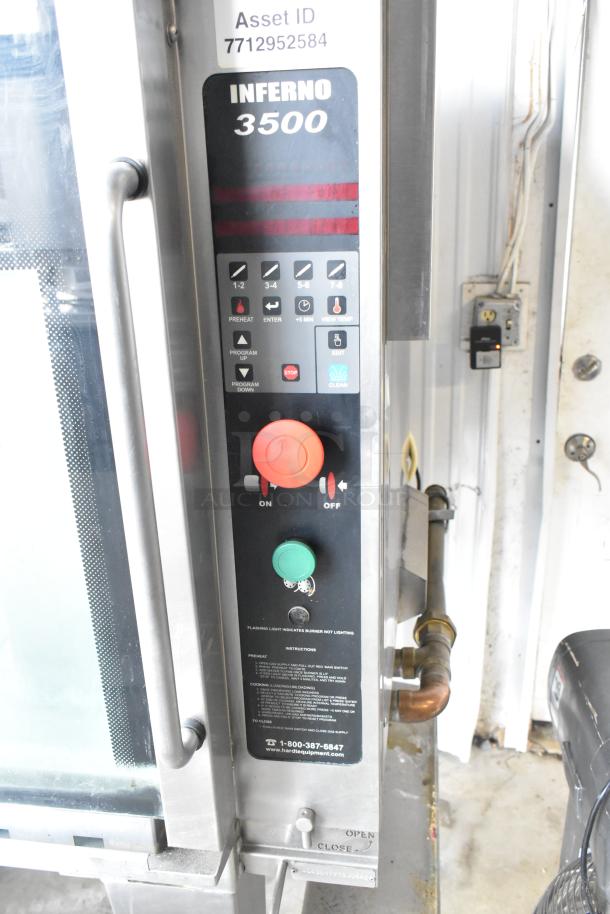 Hardt Inferno 3500 rotisserie oven with control panel, stainless steel construction, commercial casters, and natural gas power.