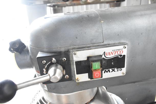 Avantco MX20 commercial dough mixer with metal bowl, bowl guard, and whisk. Features a 110V, 1-phase system. Visible wear.