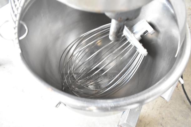 Avantco MX20 commercial 20-quart dough mixer with metal bowl, whisk attachment, and bowl guard. 110V, 1 phase.