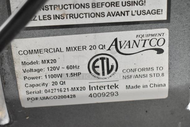 Avantco MX20, 20 Qt Commercial Mixer tag, showing model MX20, 120V, 1.5HP, ETL certified, made in China.