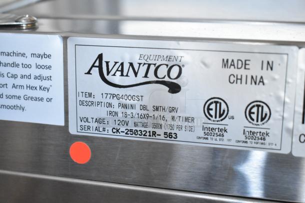Avantco 177PG400GST Stainless Steel Dual Panini Grill label, noting model, voltage, and ETL certification.