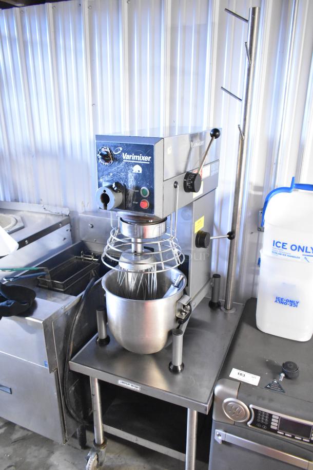 Varimixer W20 20 Quart Planetary Dough Mixer with attachments on stainless steel stand. Includes bowl, guard, whisk. 115V, 1 phase.
