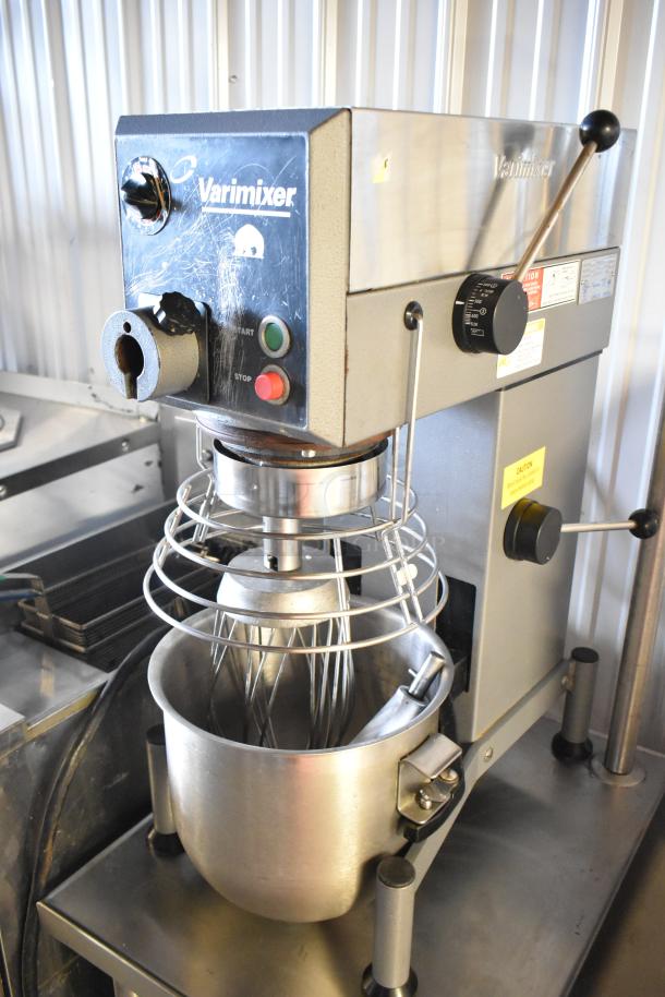 Varimixer W20 20 Quart Mixer, metal, with bowl, guard, whisk, attachments on stainless stand. 115V, 1 Phase, commercial use.
