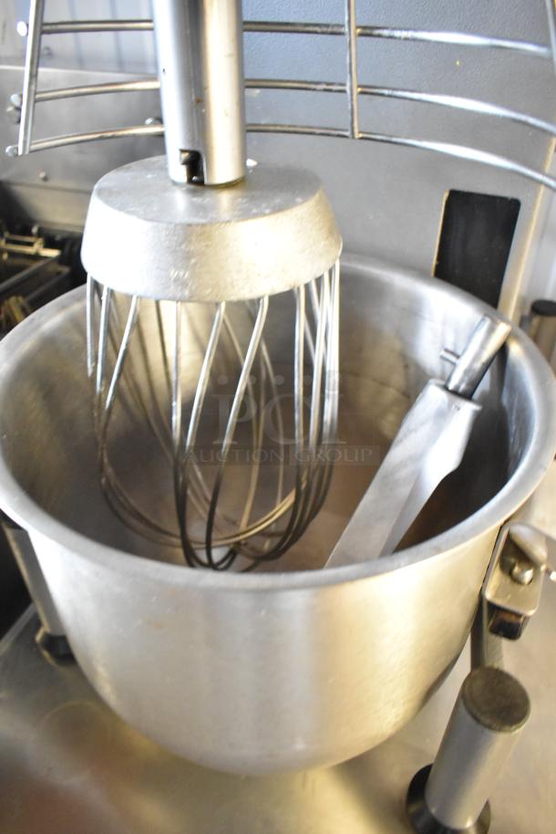 Varimixer W20 20 Quart Dough Mixer with bowl, whisk, and attachments on stainless stand. Includes bowl guard. 115V, 1 phase.