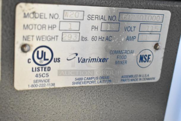 Varimixer W20 mixer label showing model, serial number, motor specs, UL and NSF listings, assembled USA, Danish parts.