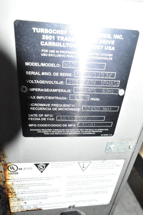 2020 Turbochef NGO commercial rapid cook oven, 208/240V, 1 phase. Serial NGJ053532, 6200W. Used, good condition.
