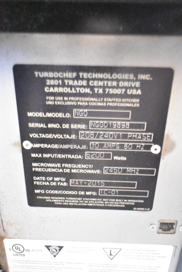 Turbochef NGO rapid cook oven, serial NG0019898, 208/240V, 1 phase, 30 amps, 6200W, manufactured May 2015, UL listed.