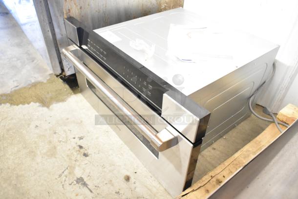 Brand new KoolMore KM-MD30-SS 30" stainless microwave drawer, 1.2 cu. ft. capacity, dented exterior. Model and control panel visible.