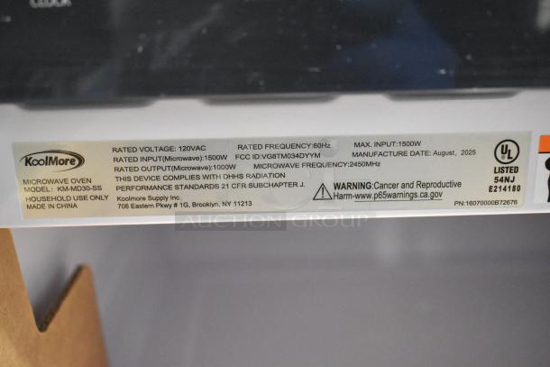 BRAND NEW KoolMore KM-MD30-SS Microwave Drawer, 1.2 cu. ft., 30 in., stainless steel, tag shows specs and warnings.
