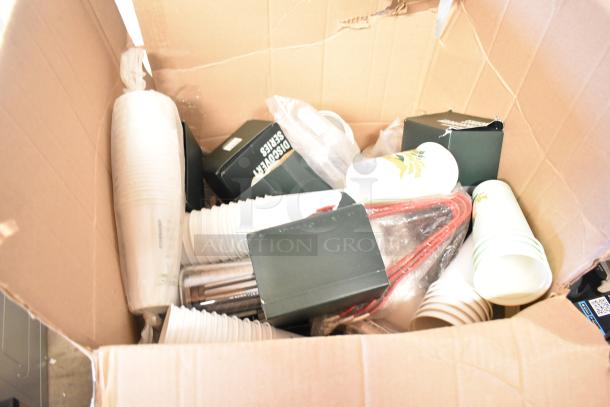 Box of assorted items, including Discovery Series mugs and cups, in various packaging. Condition: new.