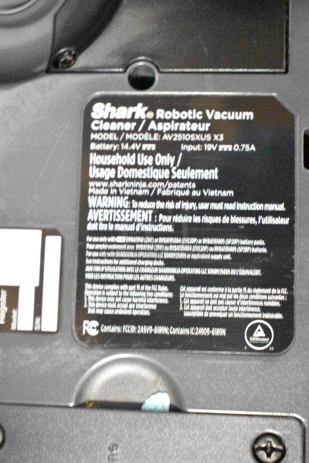 Shark Robot Vacuum Cleaner with Docking Station, Model AV2510SXUS X3, 120V, 1 Phase, for household use only.