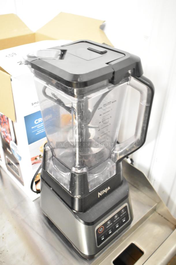 Ninja Countertop Food Blender with pitcher, 120 volts, 1 phase. Features control panel and clear markings on pitcher.
