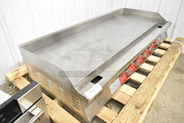 Avantco 177EG60E stainless steel commercial electric griddle, 240 volts, 1 phase, on pallet, clean condition, visible control panel.