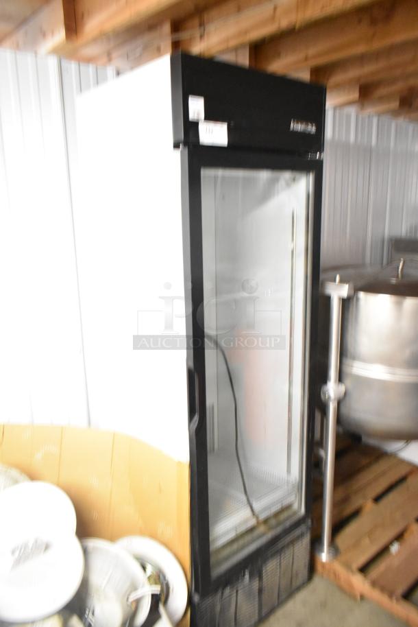 2019 Habco SE18 metal commercial single door reach-in cooler merchandiser with poly-coated racks. 115V, 1 phase.