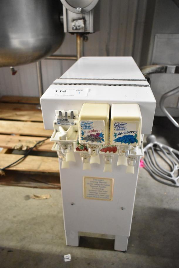 Metal countertop 3-flavor slushie machine with raspberry and blackberry labels, 115 volts, 1 phase, commercial use.