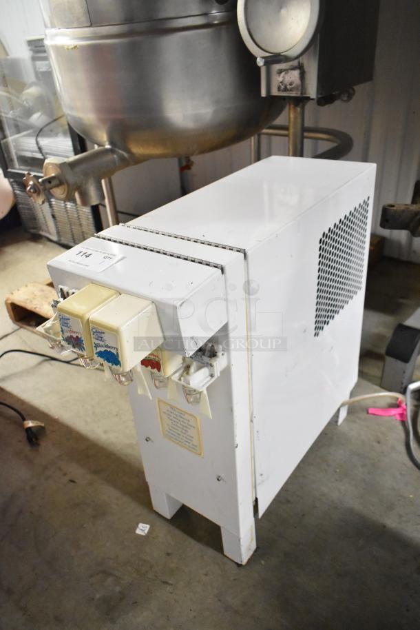 Metal commercial 3-flavor slushie machine, countertop model, 115 volts, 1 phase. Features multiple dispensing taps.