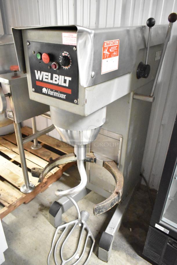 Varimixer W60P 60 Quart Metal Dough Mixer, floor model with dough hook and paddle. 208V, 3 Phase, commercial use.