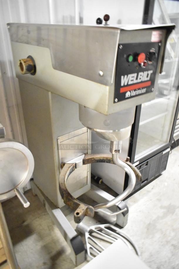 Varimixer W60P 60 Quart planetary dough mixer, includes dough hook and paddle attachments, 208 volts, 3 phase, used condition.