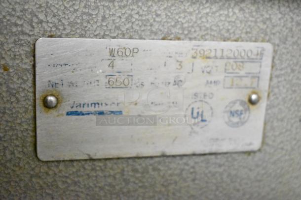 Varimixer W60P commercial 60-quart dough mixer, with dough hook, paddle attachments, 208V, 3-phase. Features UL, NSF labels.