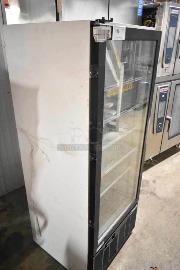 Habco SE12 single door cooler merchandiser with poly-coated racks, 115 volts, 1 phase, visible wear, control panel label.