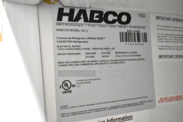 Habco SE12 commercial cooler label, showing model, electrical rating 115V, design pressures, UL listing, and refrigerant details.