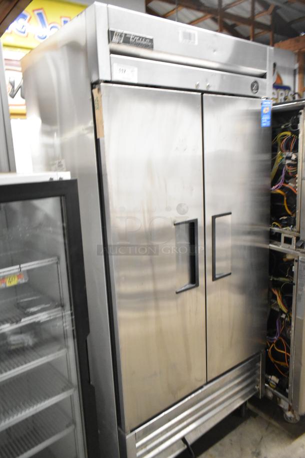2016 True T-35 stainless steel commercial 2-door reach-in cooler, poly coated racks, on commercial casters. 115V, 1 phase.