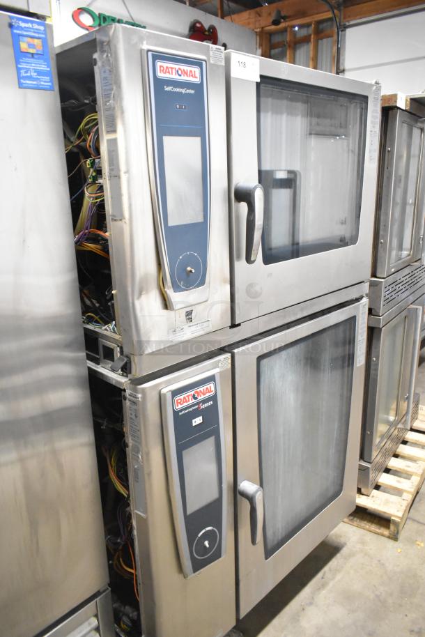 Two 2019 Rational SCCWE62/SCCWE102 stainless steel convection ovens, excellent condition, on commercial casters.