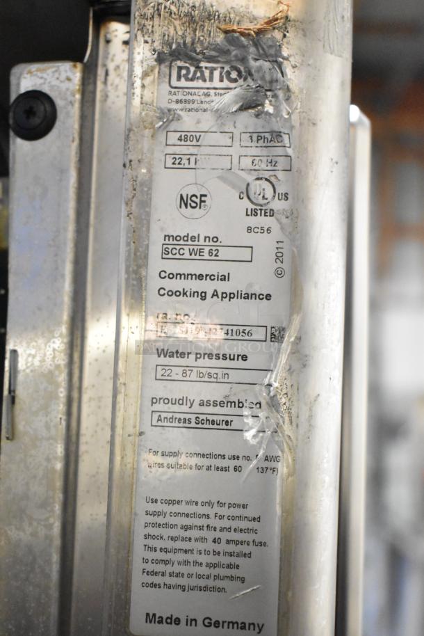 Rational SCCWE62 stainless steel convection oven, commercial-grade, 480V, 3 Phase, NSF listed, Made in Germany, shown with label.