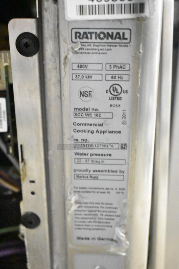 Rational SCC WE 102 stainless steel commercial convection oven label showing 480V, 3 Phase, 37 kW, NSF, UL listings.