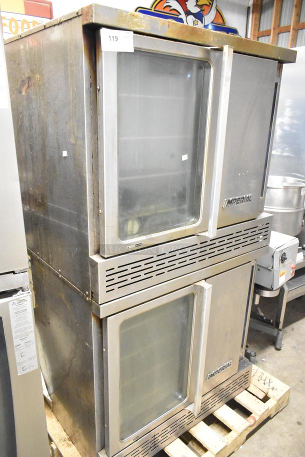 2 Imperial stainless steel convection ovens with view-through doors, solid construction, metal racks, and thermostatic controls.