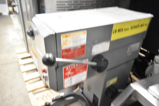 Varimixer W20 commercial 20-quart planetary dough mixer, metal, with visible safety and warning labels, 115 volts, 1 phase.