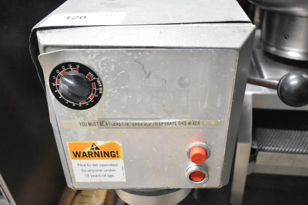 Varimixer W20 20 Quart Commercial Planetary Dough Mixer with timer dial. Features operational and safety labels.