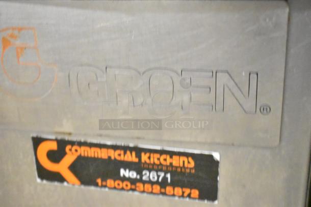 Groen TDB/7-40 stainless steel commercial 40-quart steam kettle on stand, with logo and commercial kitchens label visible.