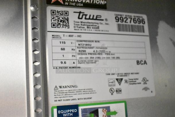 Label on True T-49F-HC commercial freezer. Details model, voltage (115V), phase (1), refrigerant (R290), and warnings.
