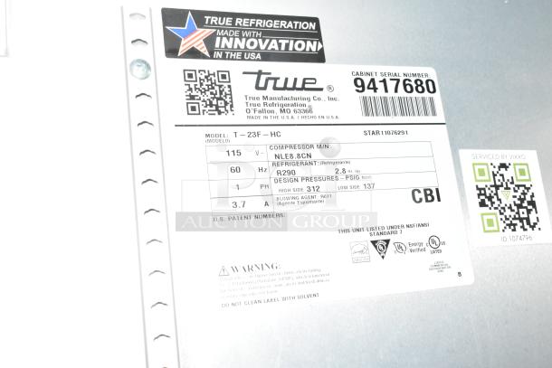 2018 True T-23F-HC stainless steel freezer, single door, poly-coated racks, commercial casters, 115V, 1 phase. Serial: 9417680.