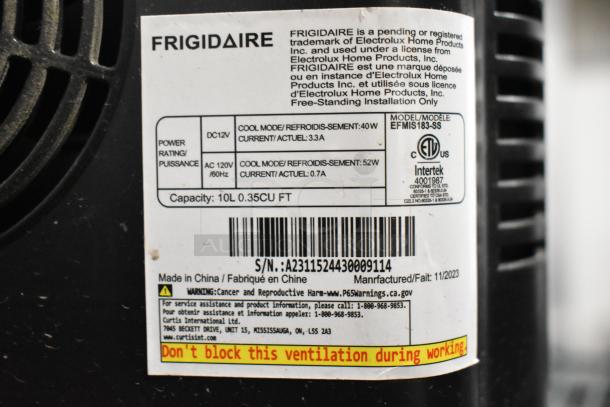 2023 Frigidaire Stainless Steel Mini Cooler, 10L, 0.35 cu. ft., 120V, 1 Phase/DC 12V. Model: EFMIS183-SS.