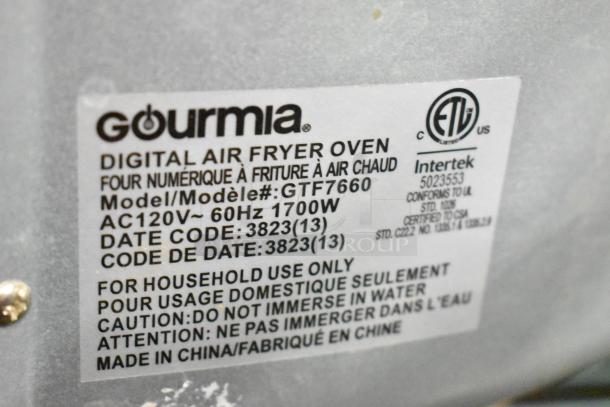 Gourmia GTF7660 digital air fryer oven label, showing model, 120V, 1700W, and household use instructions.