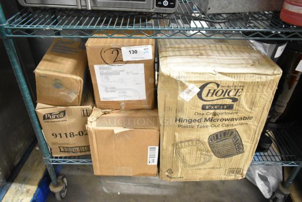 Boxes of Choice to-go containers, Purell sanitizing wipes, and other items on a metal shelf. Includes labels and auction tags.