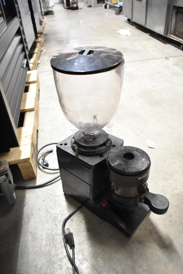 Bunn ES-1G metal commercial espresso bean grinder, countertop model, 120 volts, 1 phase, used condition, visible power cord.