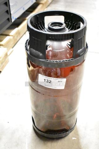 Brown plastic keg with black protective top and bottom rings, auction tag labeled "132," in good condition.