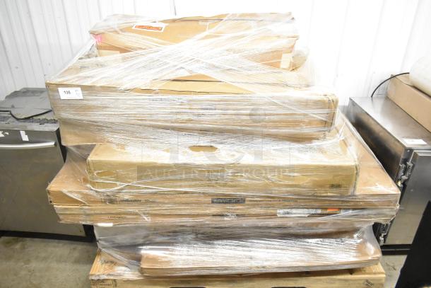 14 brand new, scratch and dent items, wrapped on pallets, including 460EBWIN2448 wine shelf and 3493060BBVIN table top.