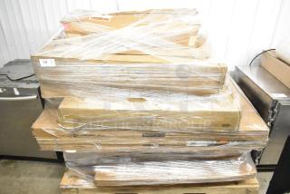 14 brand new, scratch and dent items, wrapped on pallets, including 460EBWIN2448 wine shelf and 3493060BBVIN table top.